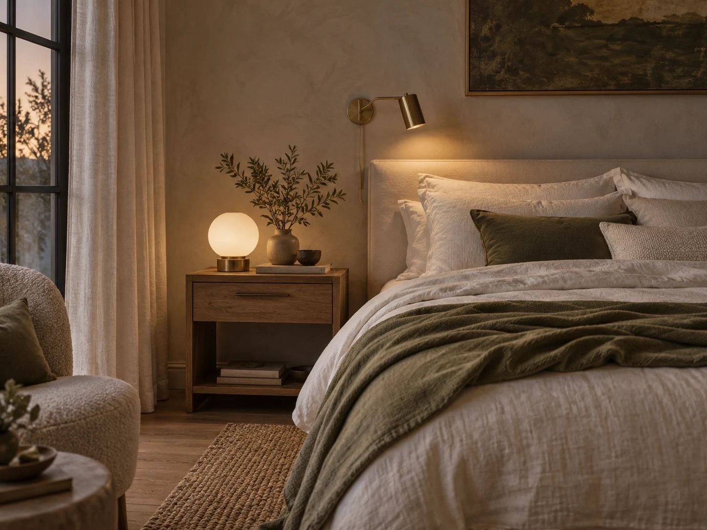 An inspirational bedroom with soft bedside and wall lighting