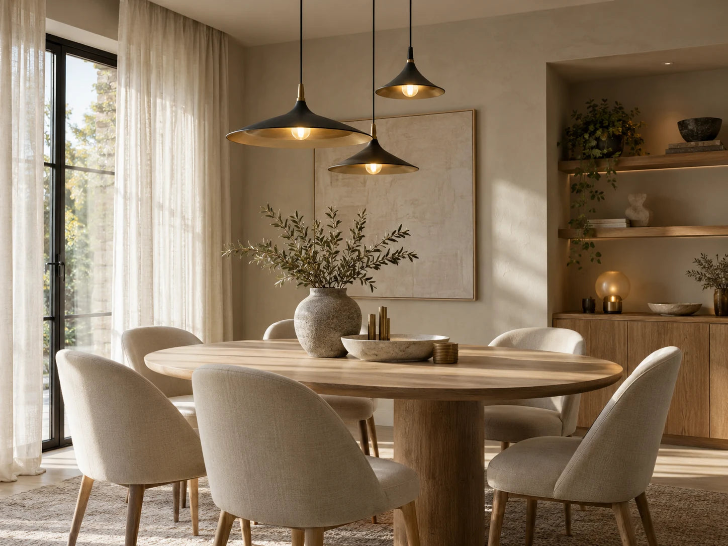 An inspirational dining room with black and brass pendant lighting