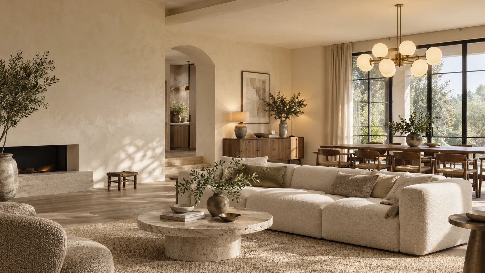 An inspirational contemporary living room with warm chandelier lighting
