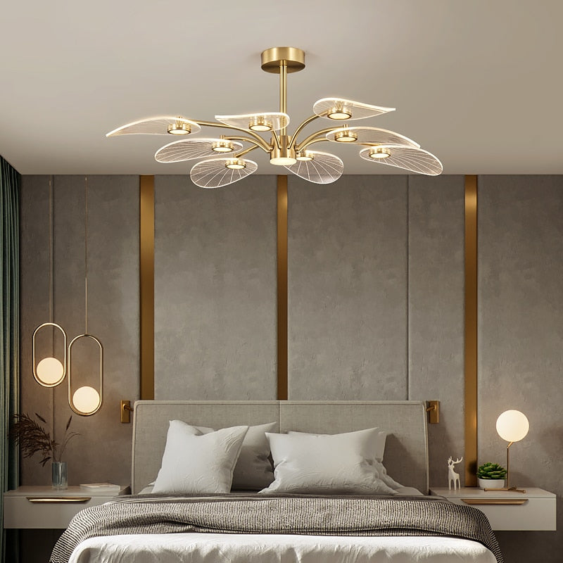 WOSHITU LED Ceiling Lamp Nordic Copper Chandeliers for Bedroom Living Room Lotus Leaf Shape Design Home Decor Lighting Fixture - AiDeco.co.uk