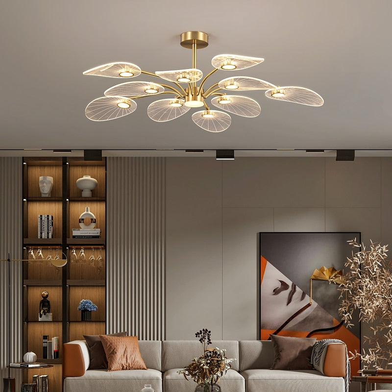 WOSHITU LED Ceiling Lamp Nordic Copper Chandeliers for Bedroom Living Room Lotus Leaf Shape Design Home Decor Lighting Fixture - AiDeco.co.uk
