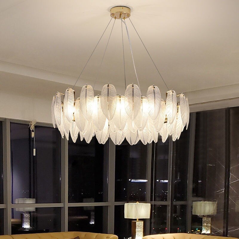 Nordic Glasses Feather Chandeliers Luxury Gold LED Chandelier Round Ring Living Dining Room Decoration Indoor Lighting Fixture - AiDeco.co.uk