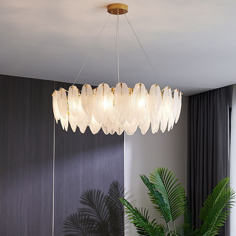 Nordic Glasses Feather Chandeliers Luxury Gold LED Chandelier Round Ring Living Dining Room Decoration Indoor Lighting Fixture - AiDeco.co.uk