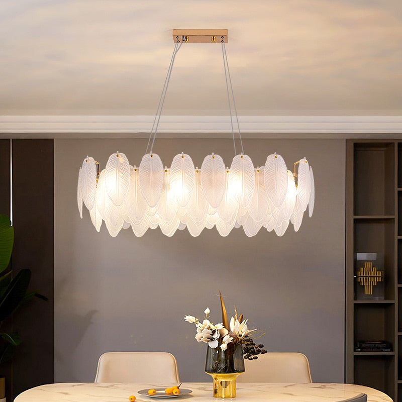 Nordic Glasses Feather Chandeliers Luxury Gold LED Chandelier Round Ring Living Dining Room Decoration Indoor Lighting Fixture - AiDeco.co.uk