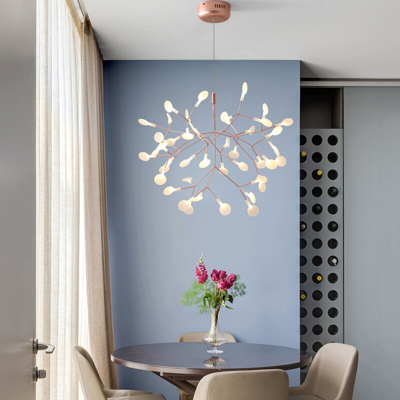 Nordic Hanging Living Room Chandelier Modern Kitchen Firefly Lamp Rose Gold/Black Branch Round Chandelier Lighting - AiDeco.co.uk