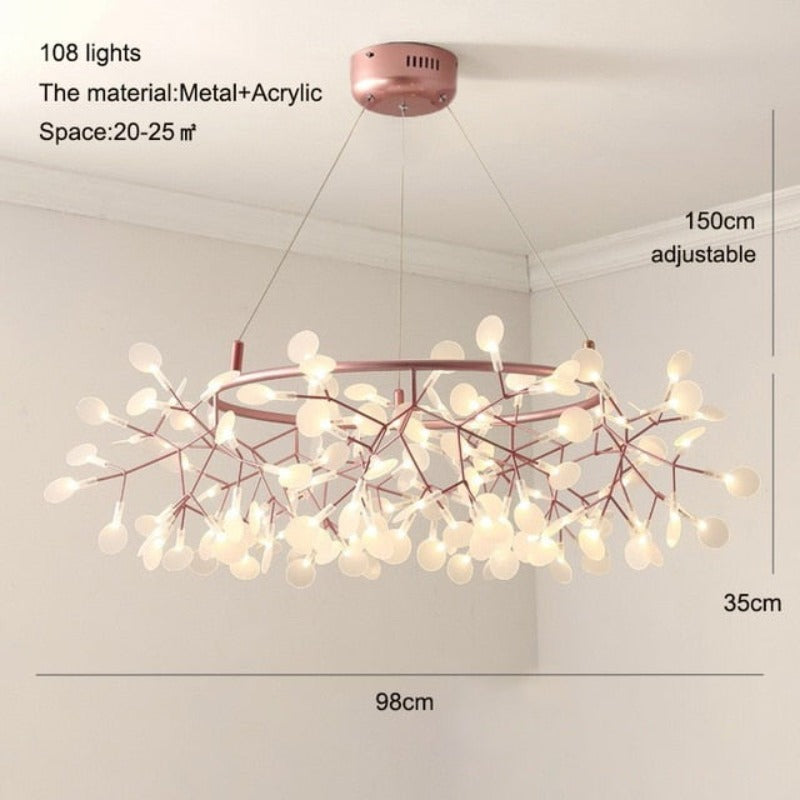 Nordic Hanging Living Room Chandelier Modern Kitchen Firefly Lamp Rose Gold/Black Branch Round Chandelier Lighting - AiDeco.co.uk
