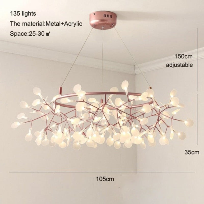 Nordic Hanging Living Room Chandelier Modern Kitchen Firefly Lamp Rose Gold/Black Branch Round Chandelier Lighting - AiDeco.co.uk